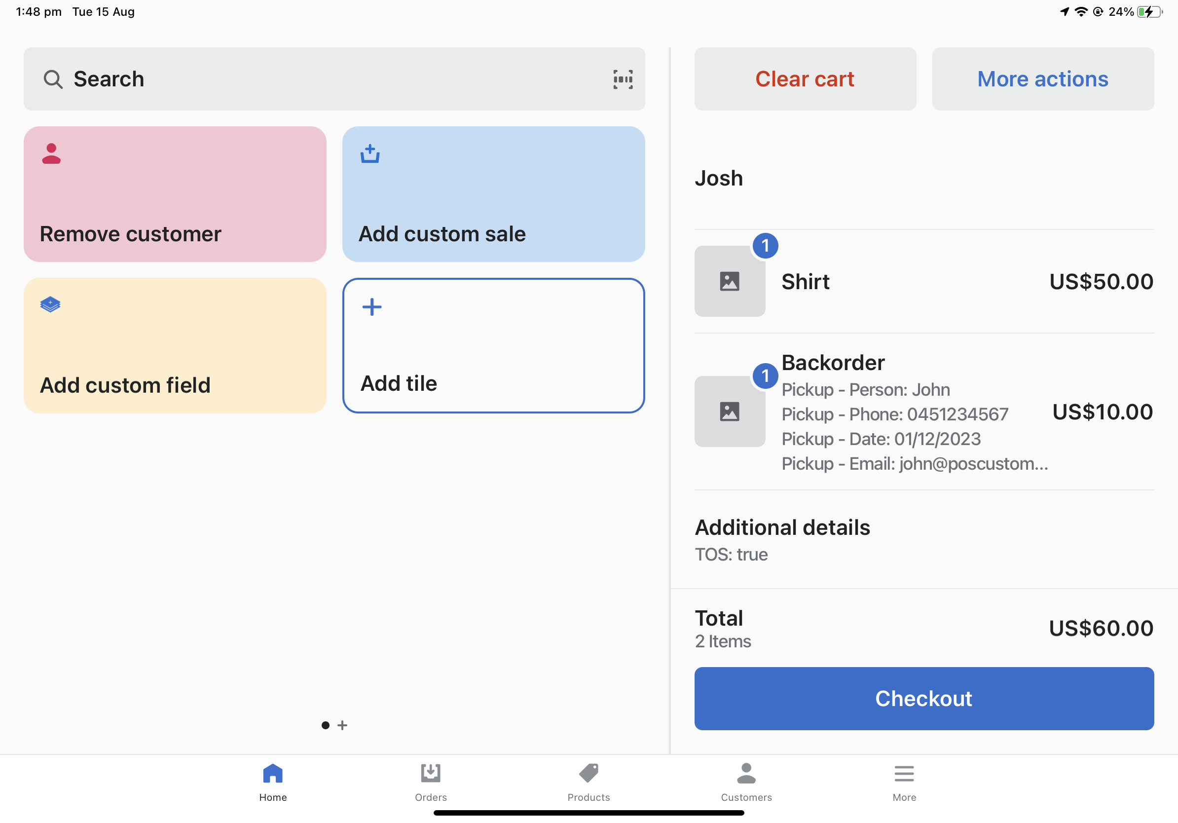 showing the custom in store pickup information applied to products in Shopify POS