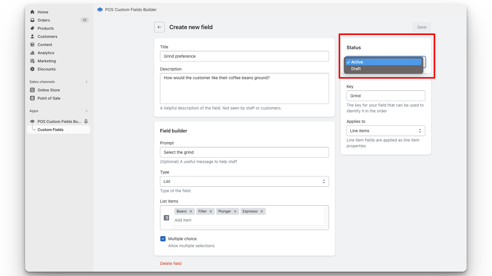 POS Custom Fields Status selector in dashboard